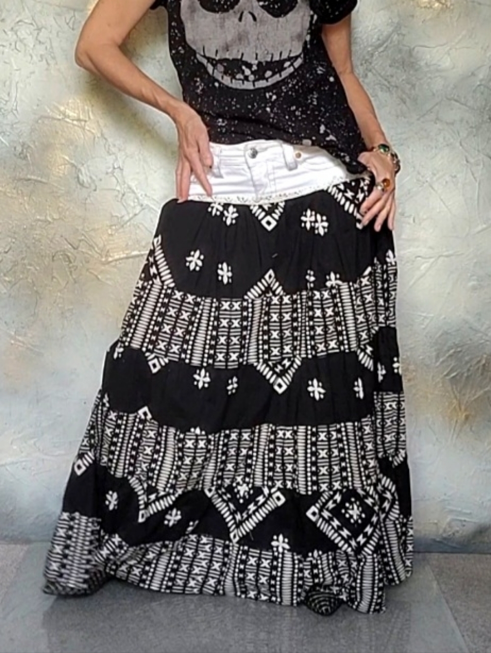 Designer Upcycled Craftman Cotton Denim Authentic Boho Maxi Skirt Shabby Style